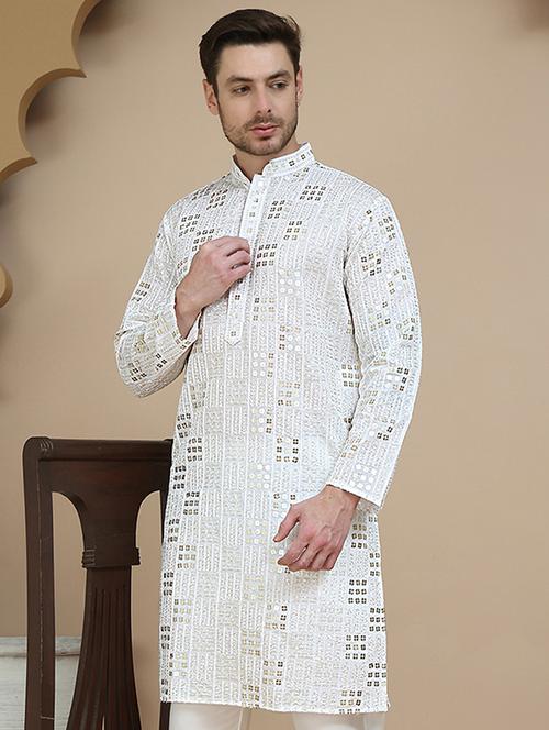 men embroidered mandarin neck long kurta - 21916670 -  Standard Image - 0