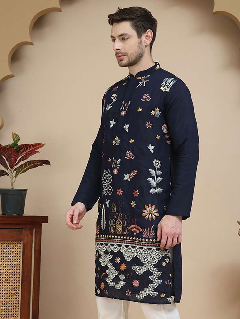 men embroidered mandarin neck long kurta - 21916678 -  Standard Image - 2