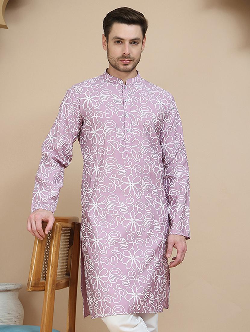 men printed mandarin neck long kurta