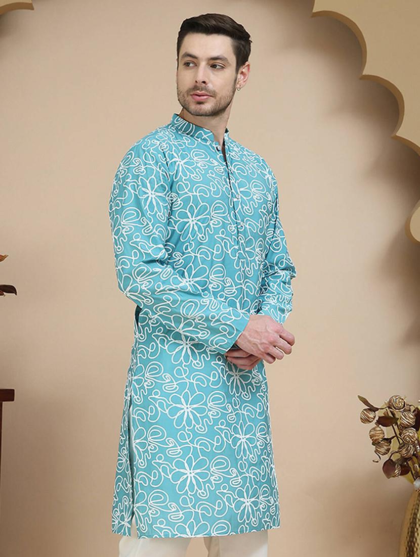 men printed mandarin neck long kurta - 21916681 - Standard Image - 2
