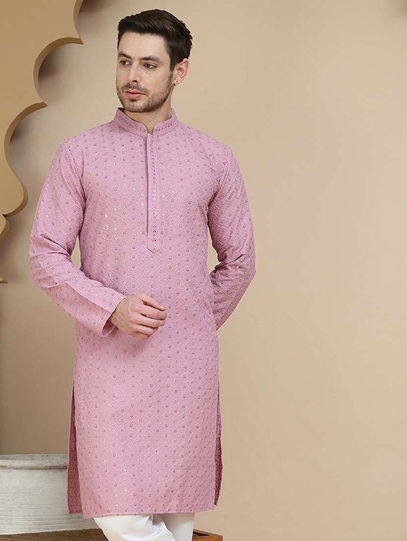 men embroidered mandarin neck long kurta