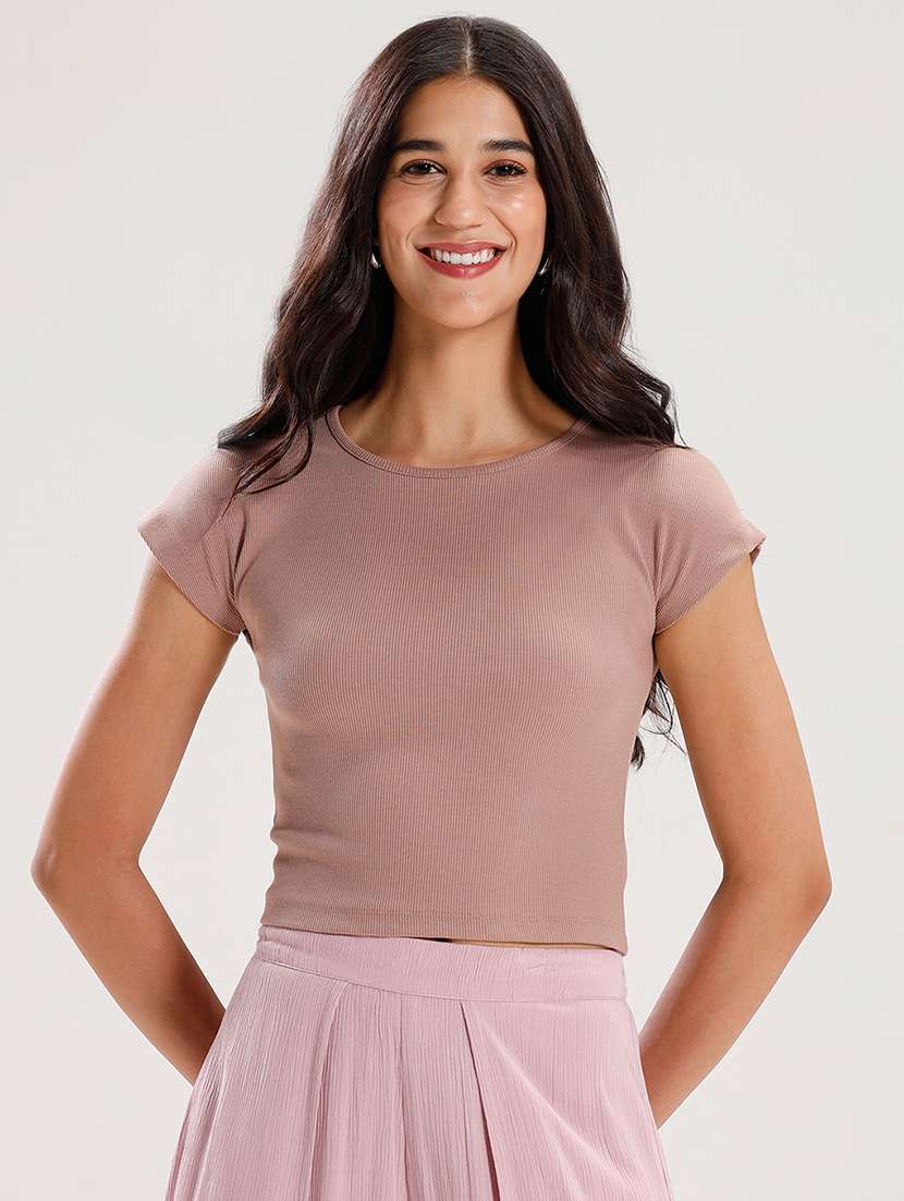 women solid short sleeve crop top - 21916984 -  Standard Image - 2