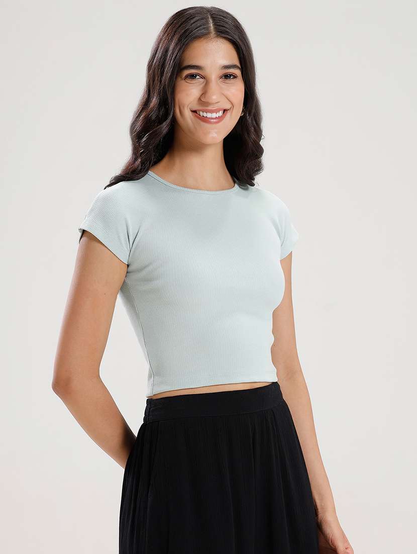women light blue solid short sleeve crop top - 21916985 -  Standard Image - 2