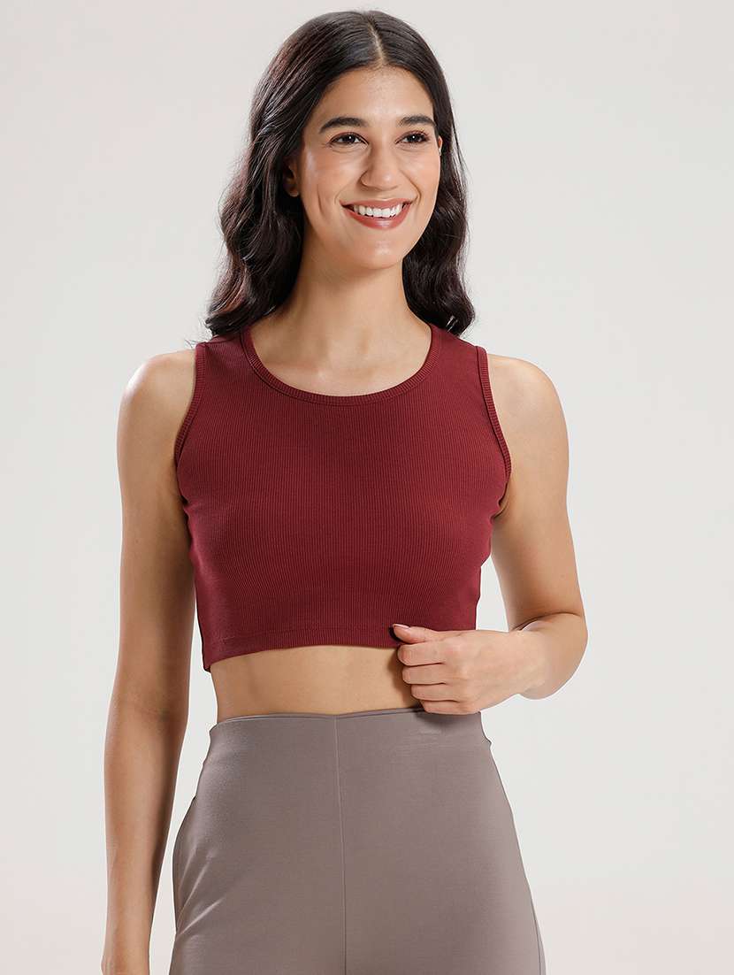 women maroon solid sleeveless crop top - 21916987 -  Standard Image - 2