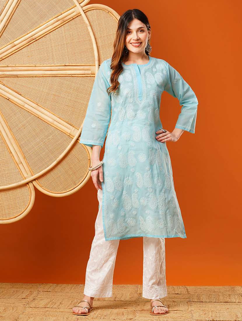 women chikankari long sleeve straight kurta