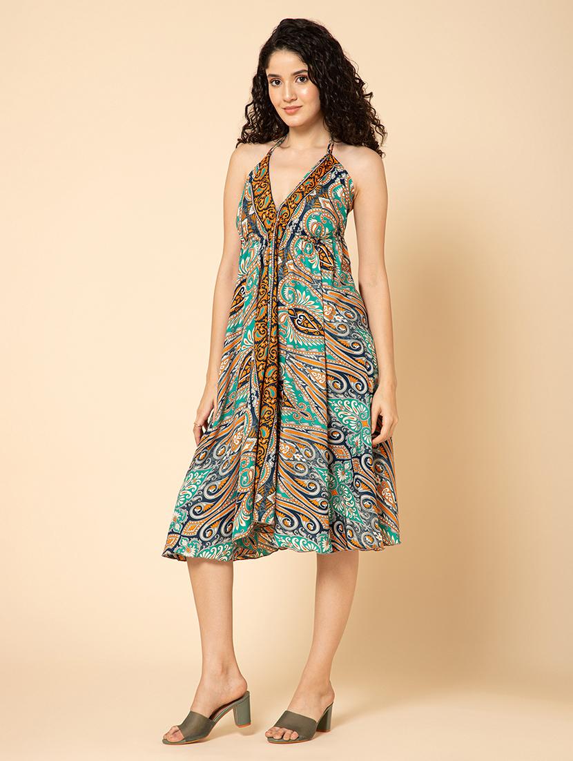 women printed hlater neck backless fit & flare dress - 21917153 - Standard Image - 2