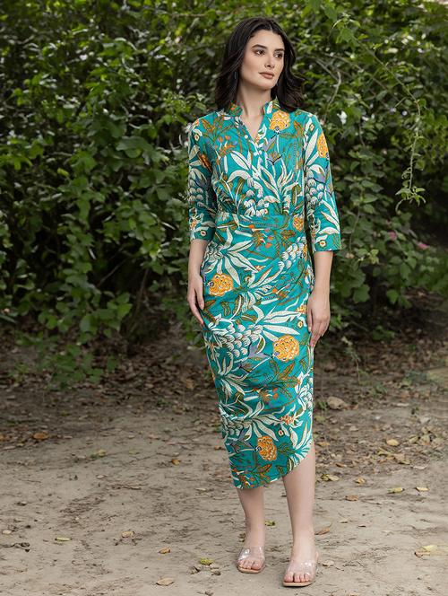 women floral printed mandarin neck asymmetric dress - 21917276 - Standard Image - 0