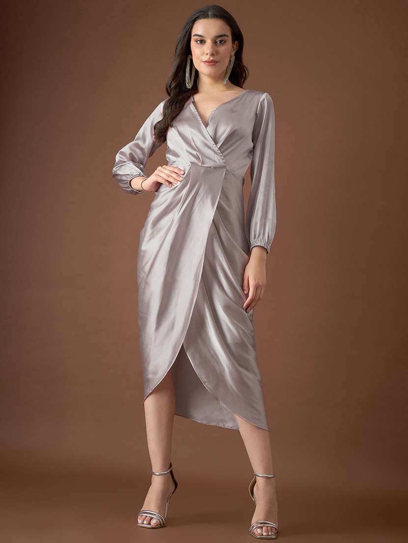 Women Solid Puff Sleeves Wrap Dress