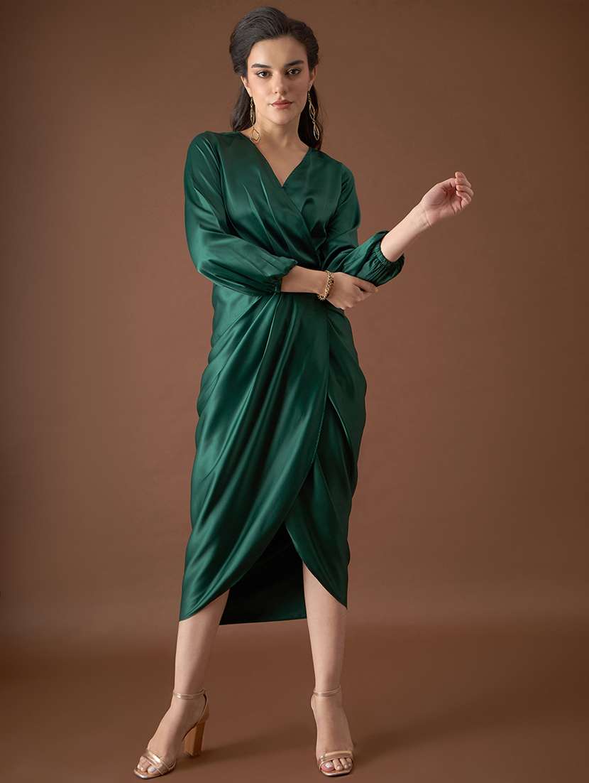women solid puff sleeves wrap dress
