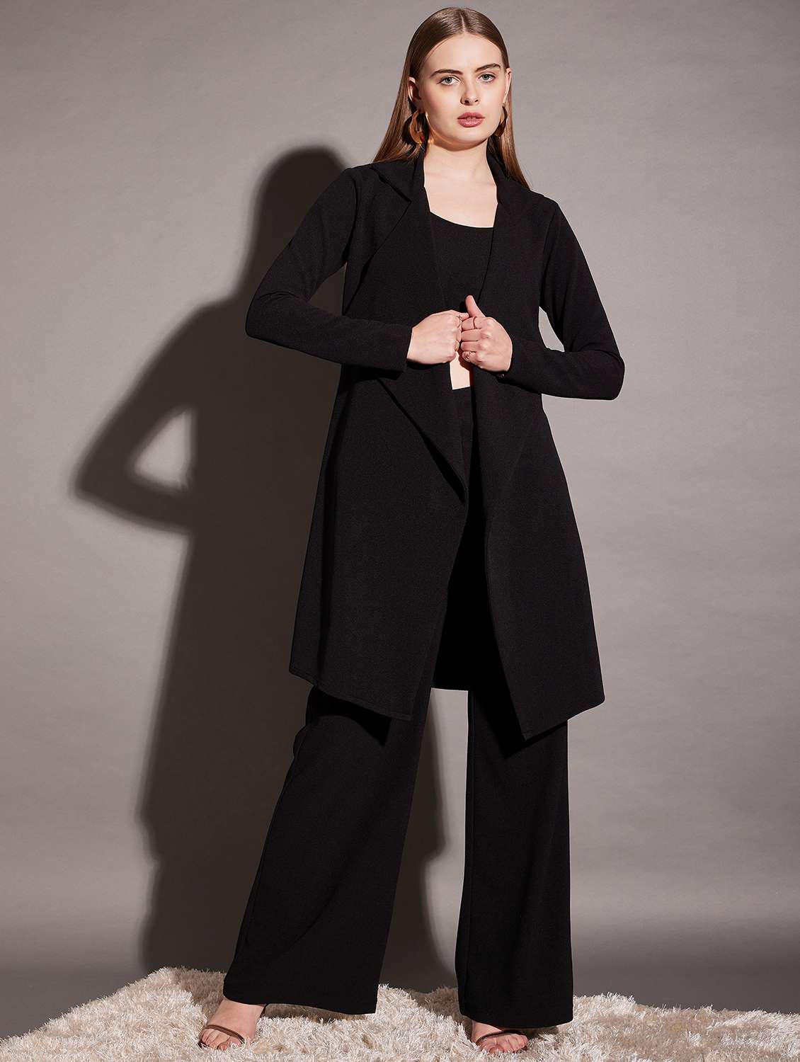 women solid top and trouser with blazer set