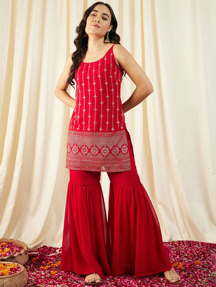 women mirror work sleeveless kurta and sharara with dupatta 
