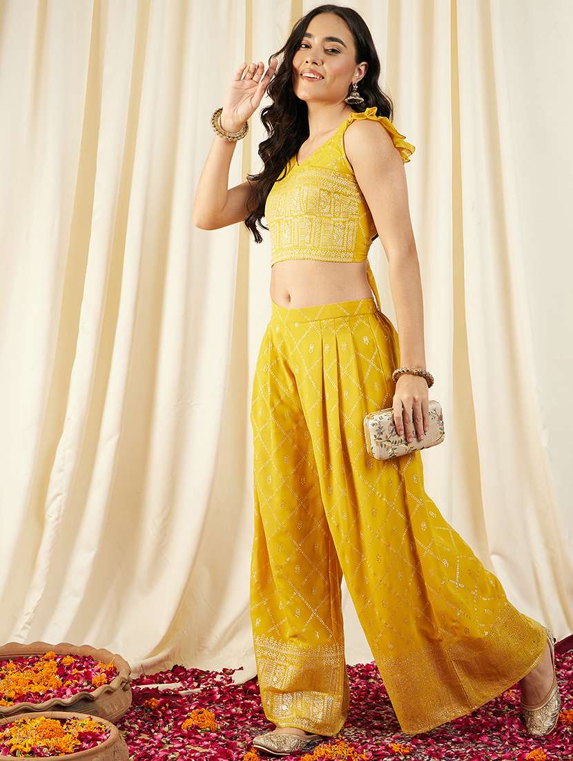 women yellow printed sleeveless top & pant set