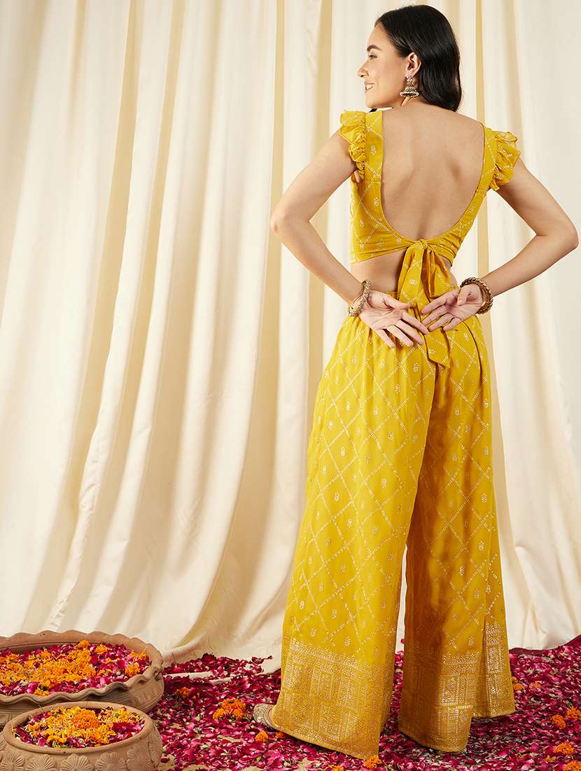 women yellow printed sleeveless top & pant set - 21917500 -  Standard Image - 2