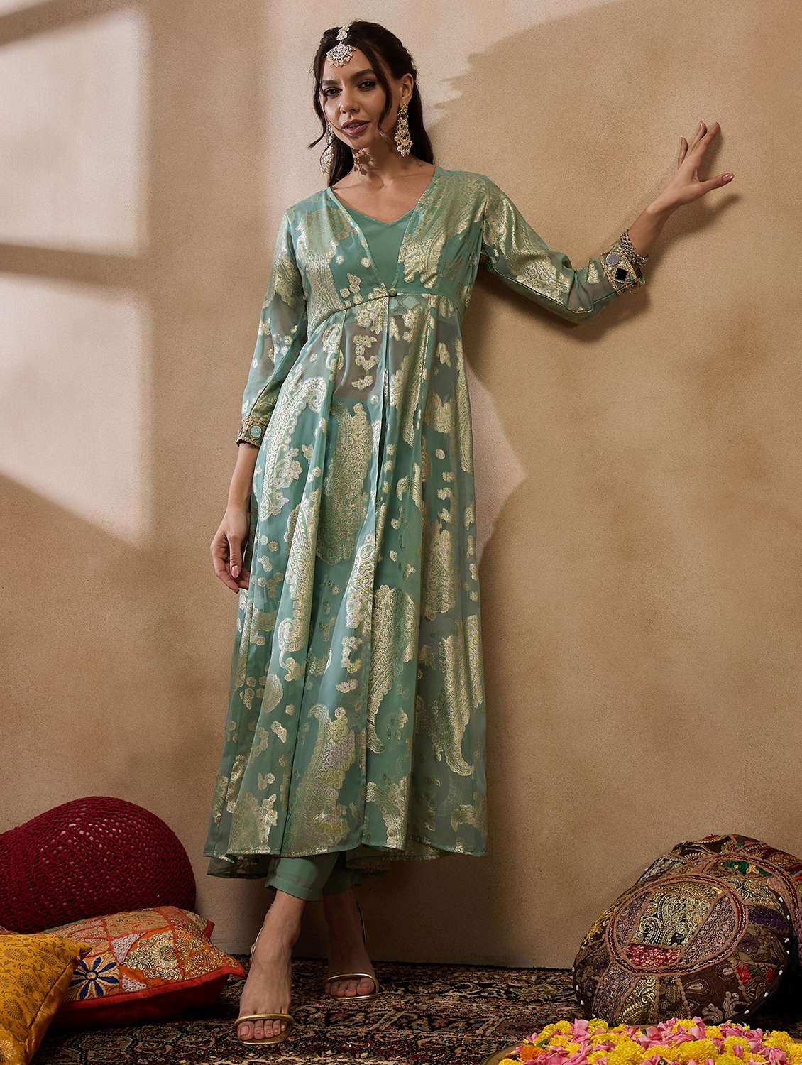 women self design top trouser with jacket fusion set