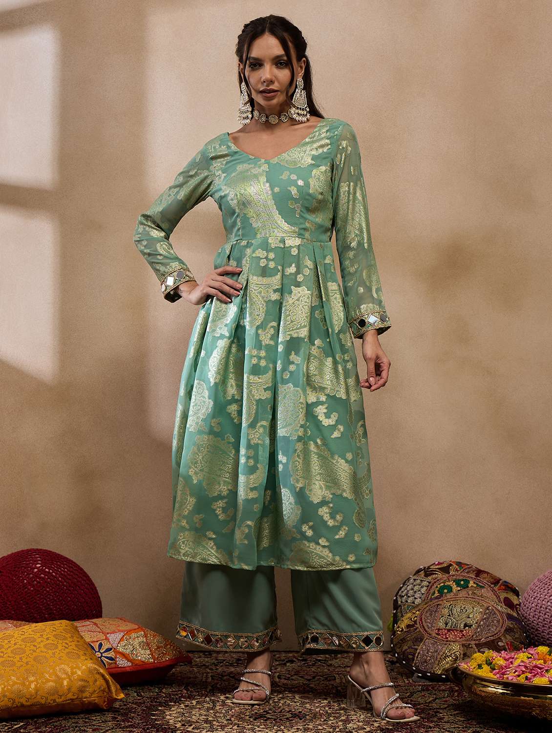 women self design long sleeve anarkali kurta palazzo set