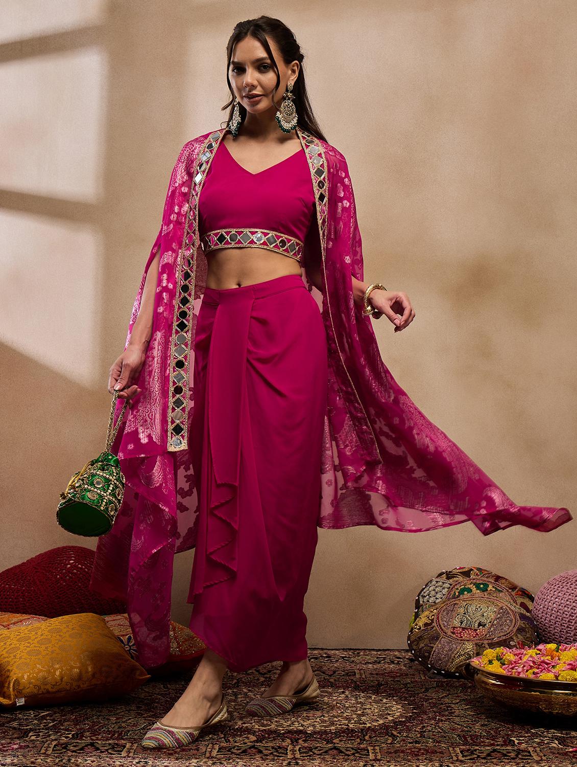 women printed dhoti blouse with shrug fusion set
