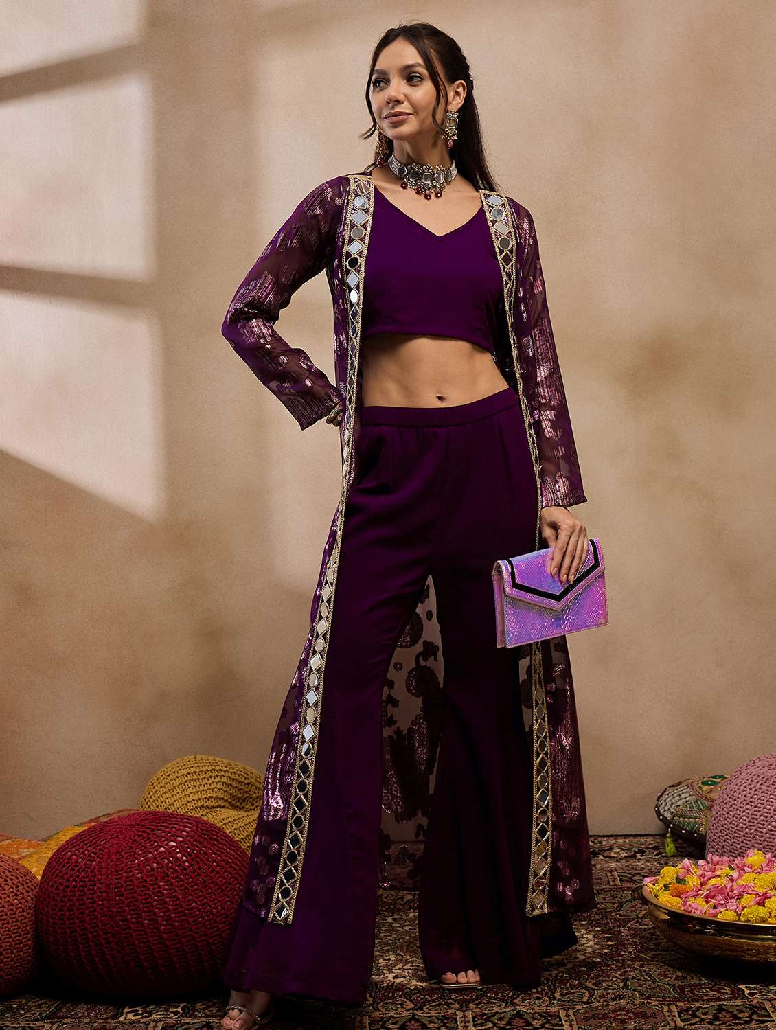 women self design top trouser with jacket fusion set