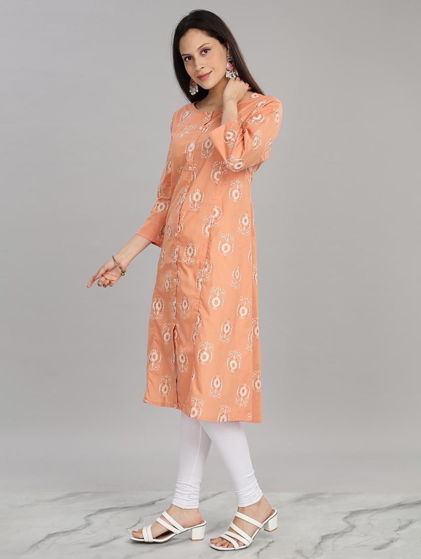 women peach three quarter sleeve a-line kurta - 21917818 - Standard Image - 2