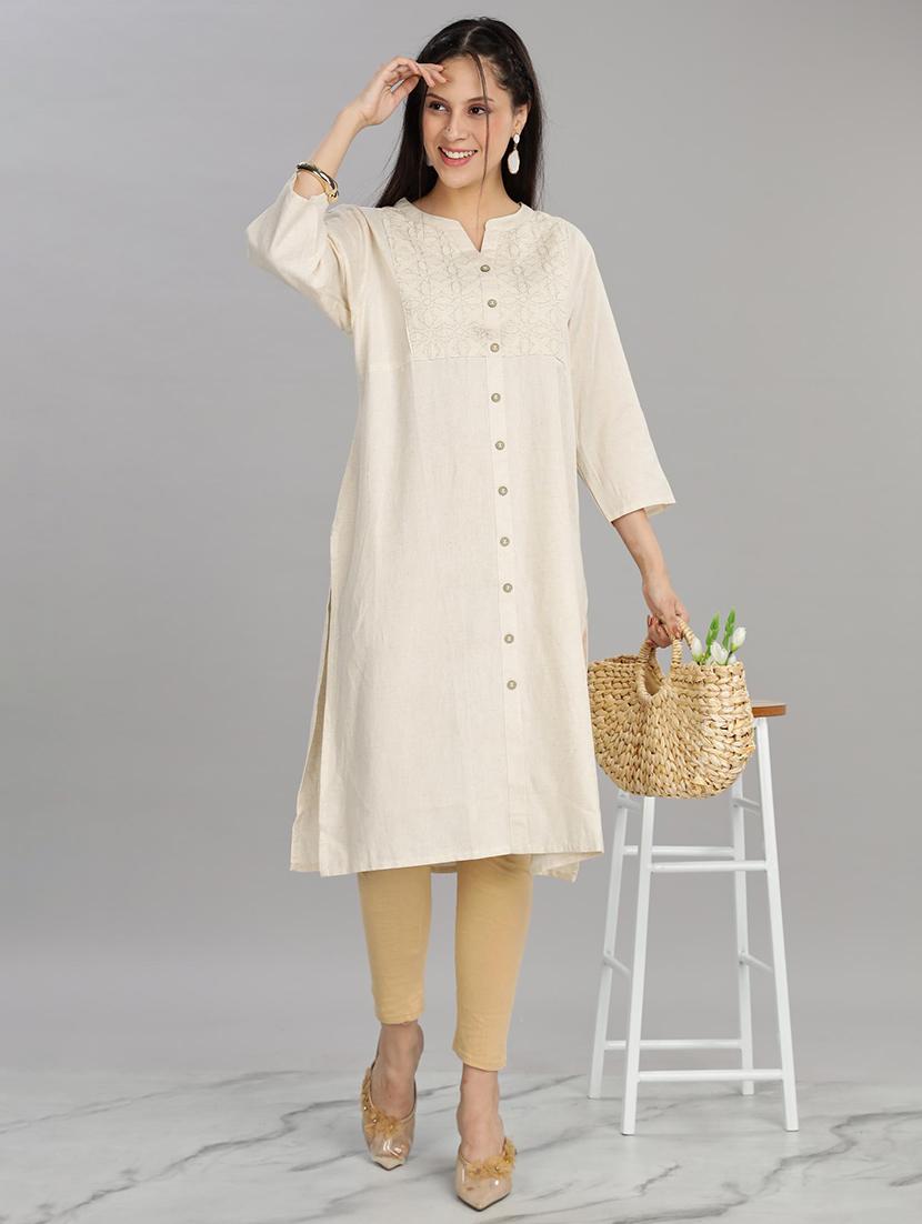 women beige three quarter sleeve a-line kurta - 21917821 - Zoom Image - 0