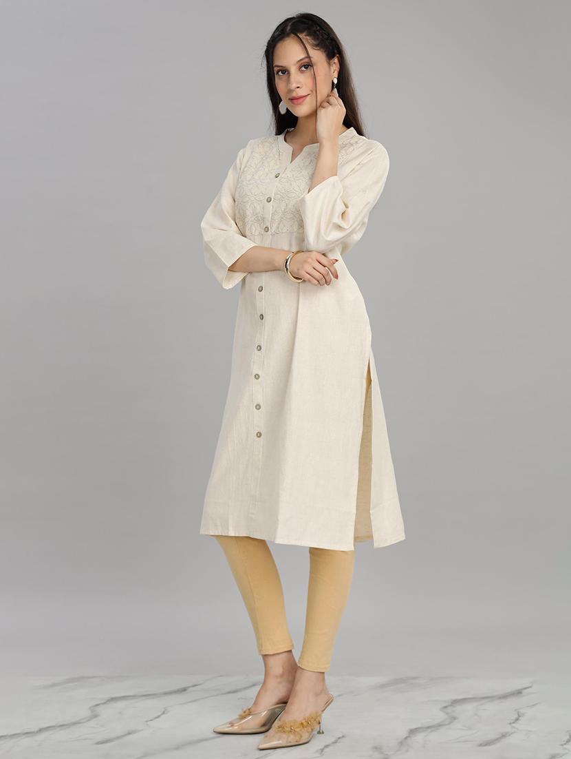 women beige three quarter sleeve a-line kurta - 21917821 - Standard Image - 2