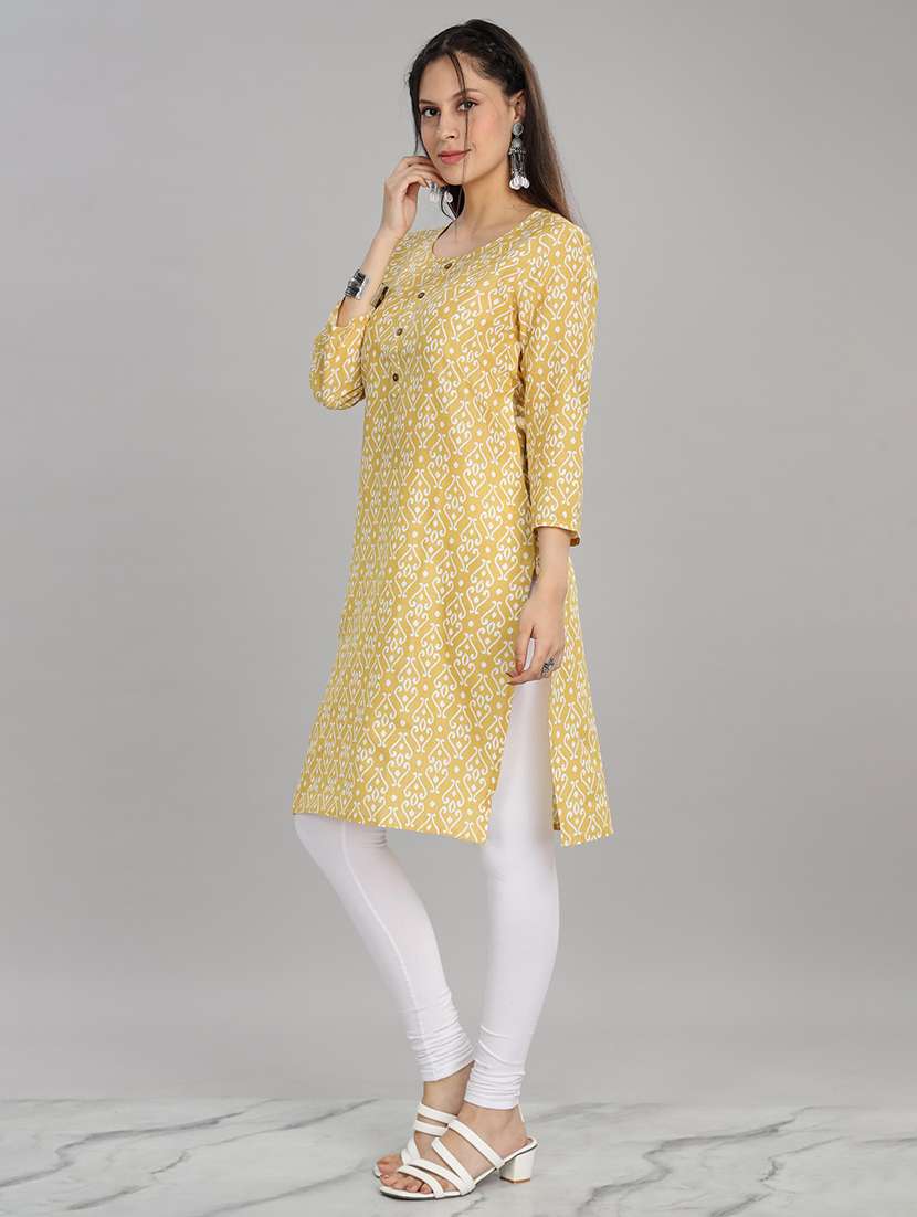 women yellow three quarter sleeve straight kurta - 21917823 - Standard Image - 2