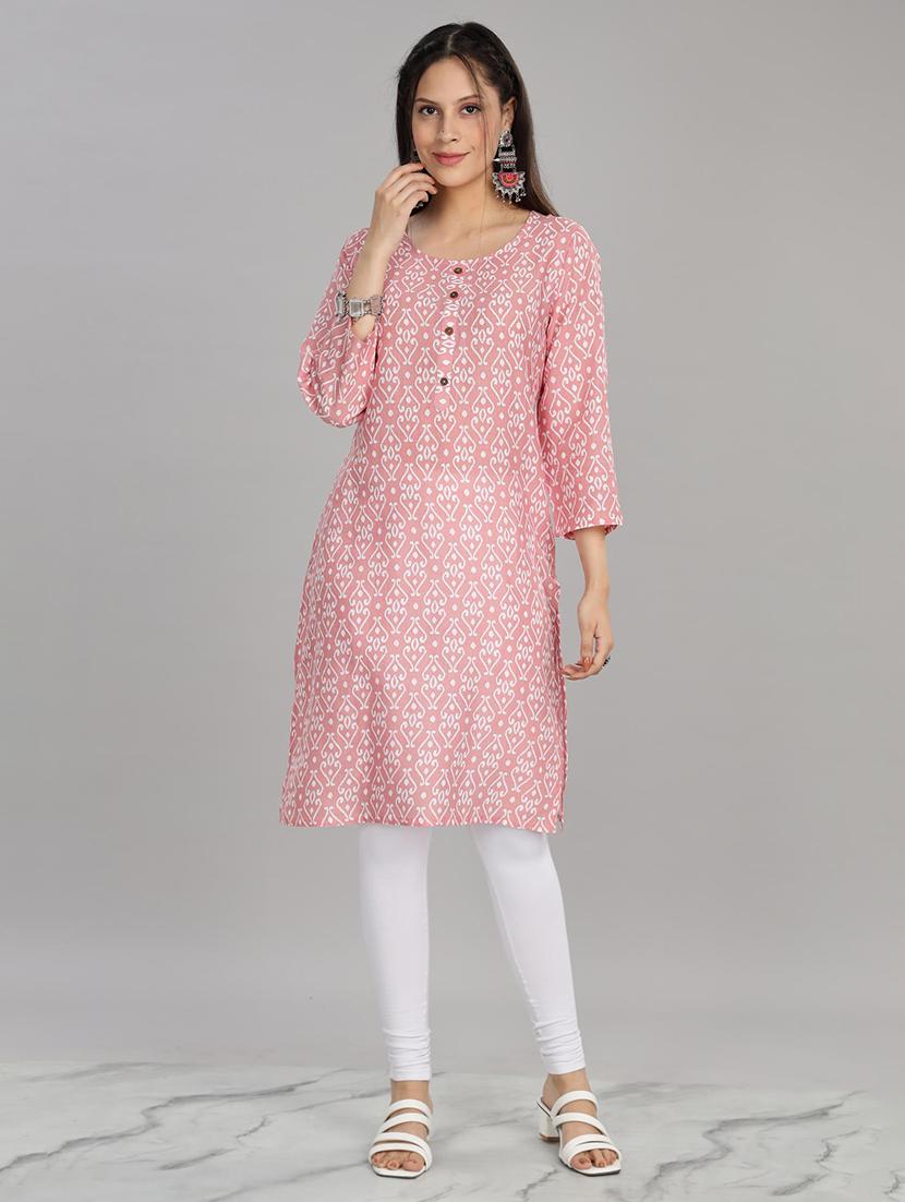 women pink three quarter sleeve straight kurta - 21917825 - Standard Image - 2