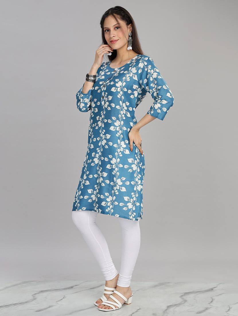women blue three quarter sleeve straight kurta - 21917828 - Standard Image - 2