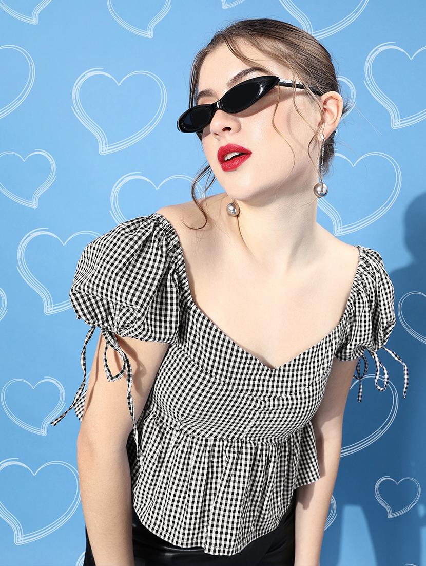 women checkered puff sleeve peplum top - 21918201 - Zoom Image - 0