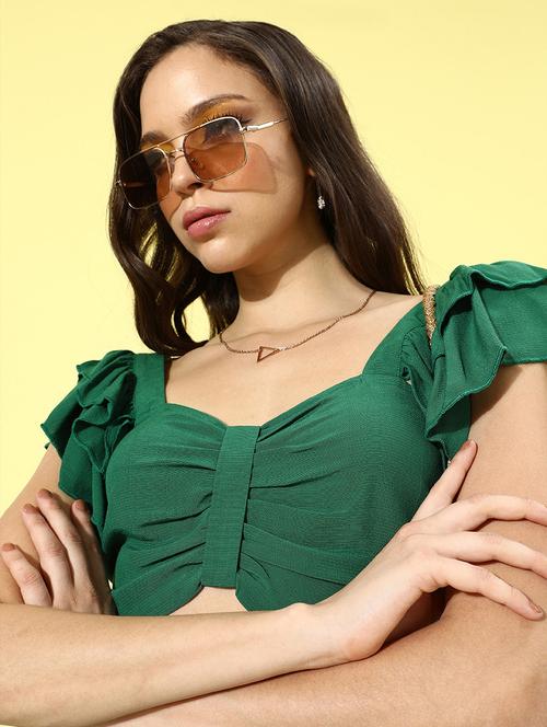 women green ruffled sleeves crop top - 21918206 -  Standard Image - 0