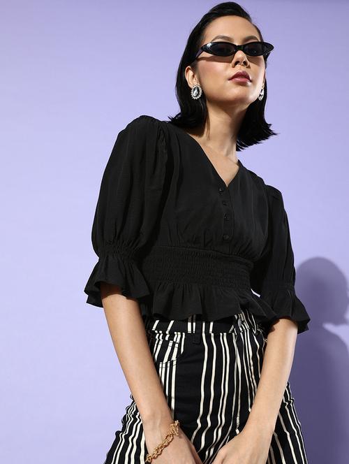 women balck solid puff sleeve peplum top - 21918209 - Standard Image - 0
