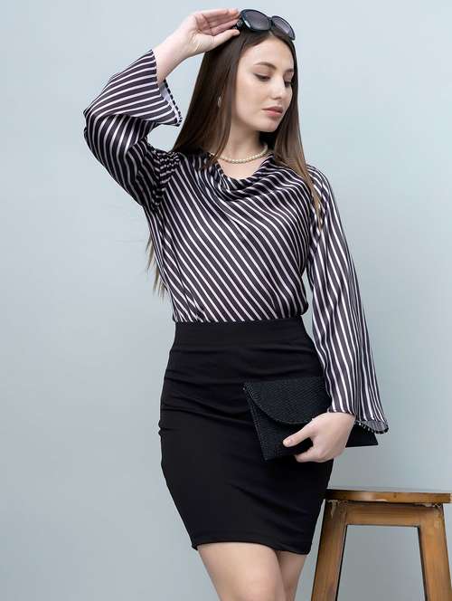 women striped cowl neck bell sleeves top - 21918338 - Standard Image - 0