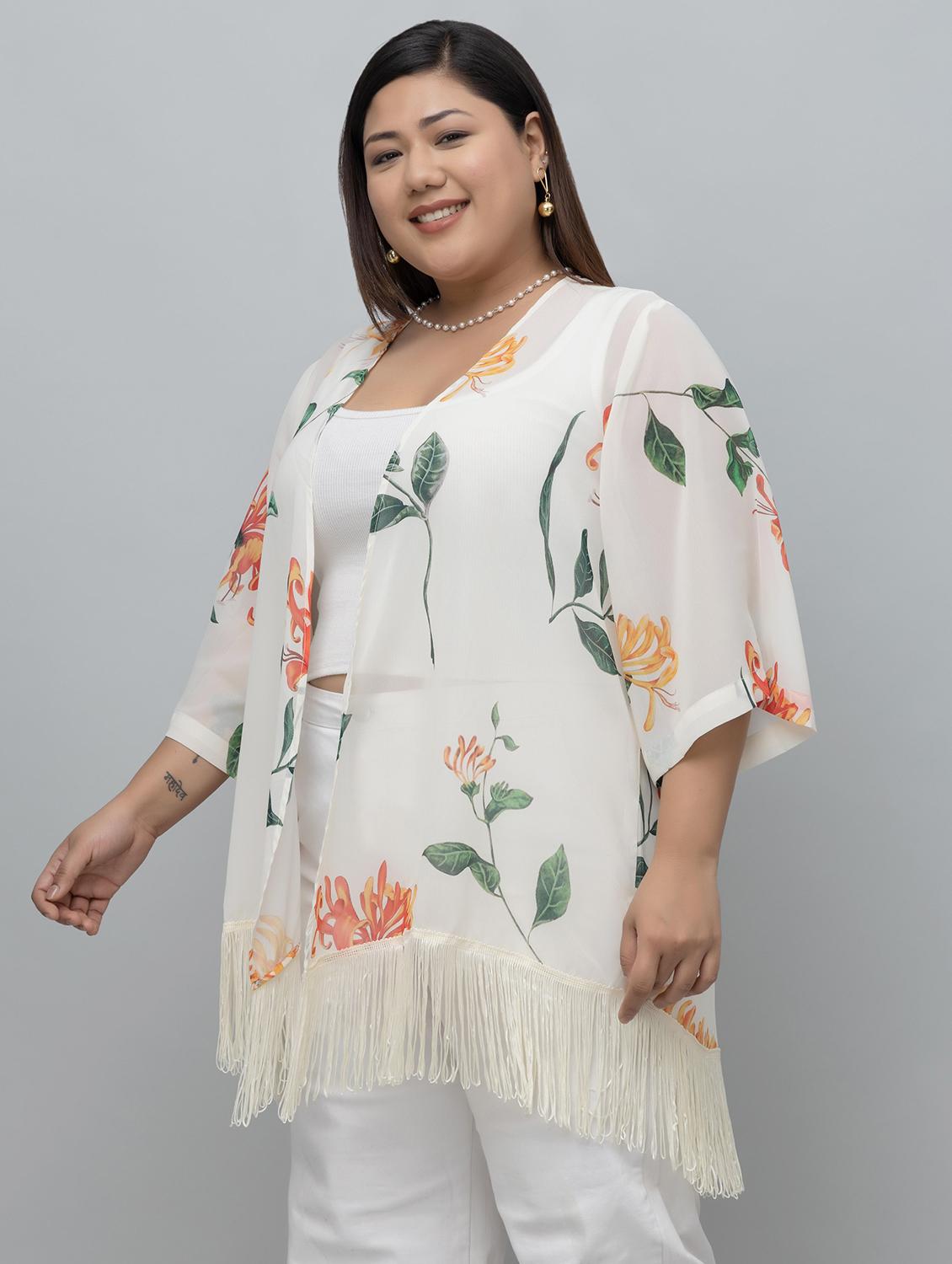 women plus size floral printed fringed hem shrug - 21918349 - Standard Image - 2
