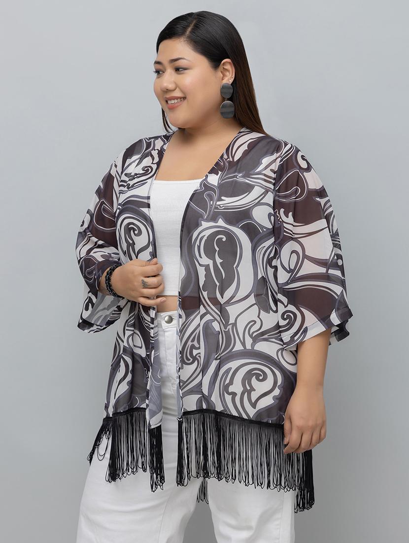 women plus size printed fringed hem shrug - 21918350 - Standard Image - 2