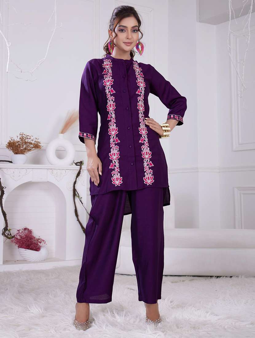 women embroidered three quarter sleeve ethnic co-ord set