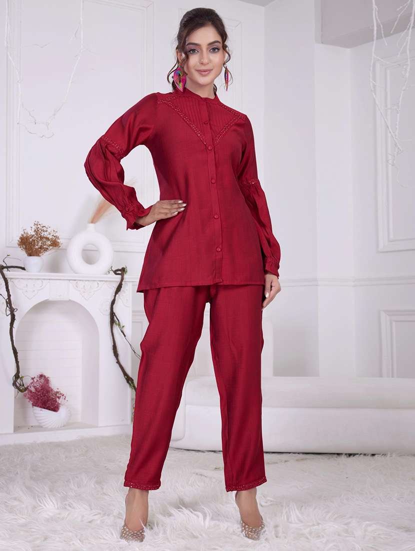 women maroon long sleeve ethnic co-ord set
