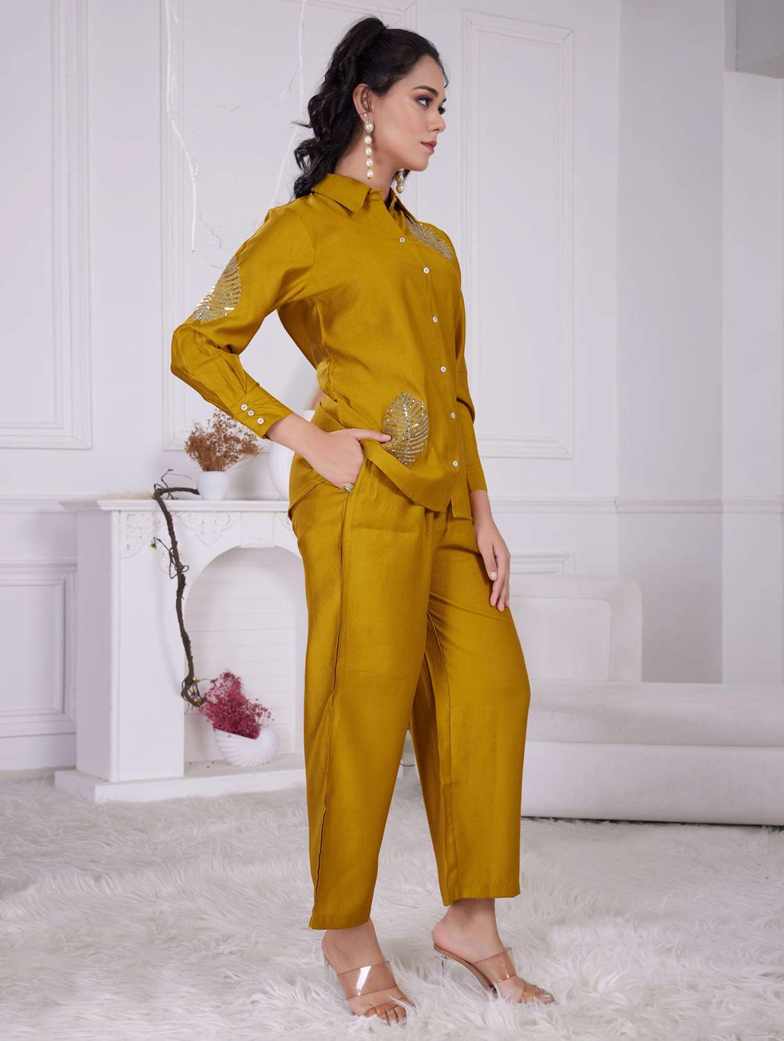 women mustard long sleeve ethnic co-ord set - 21918358 - Standard Image - 2