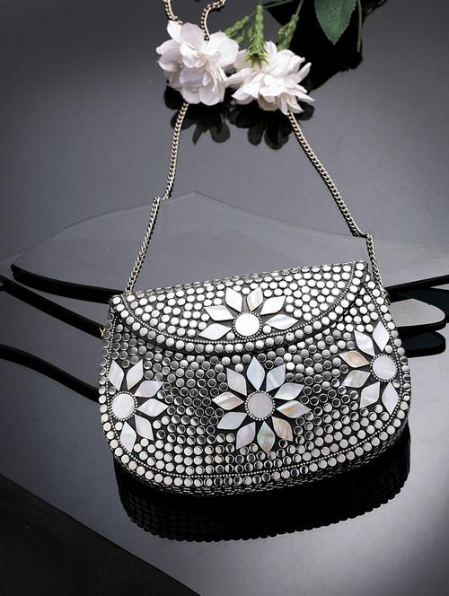 women mirror worked clutch with detachable sling chain - 21918665 - Standard Image - 0