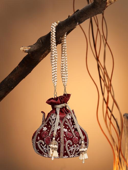 maroon velvet ethnic potli - 21918677 -  Standard Image - 0