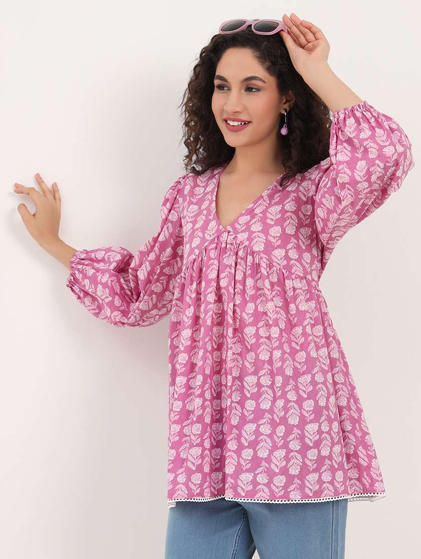 women floral printed puff sleeves flared top