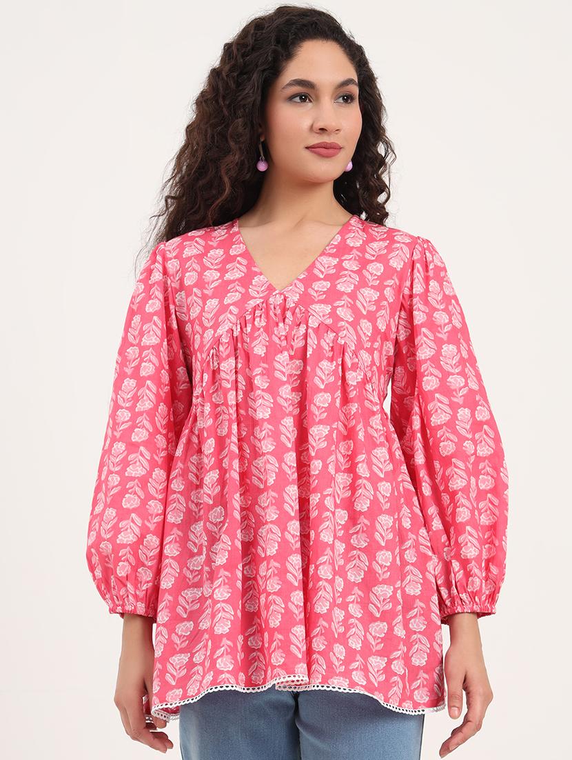 women floral printed puff sleeves flared top - 21918704 - Zoom Image - 0