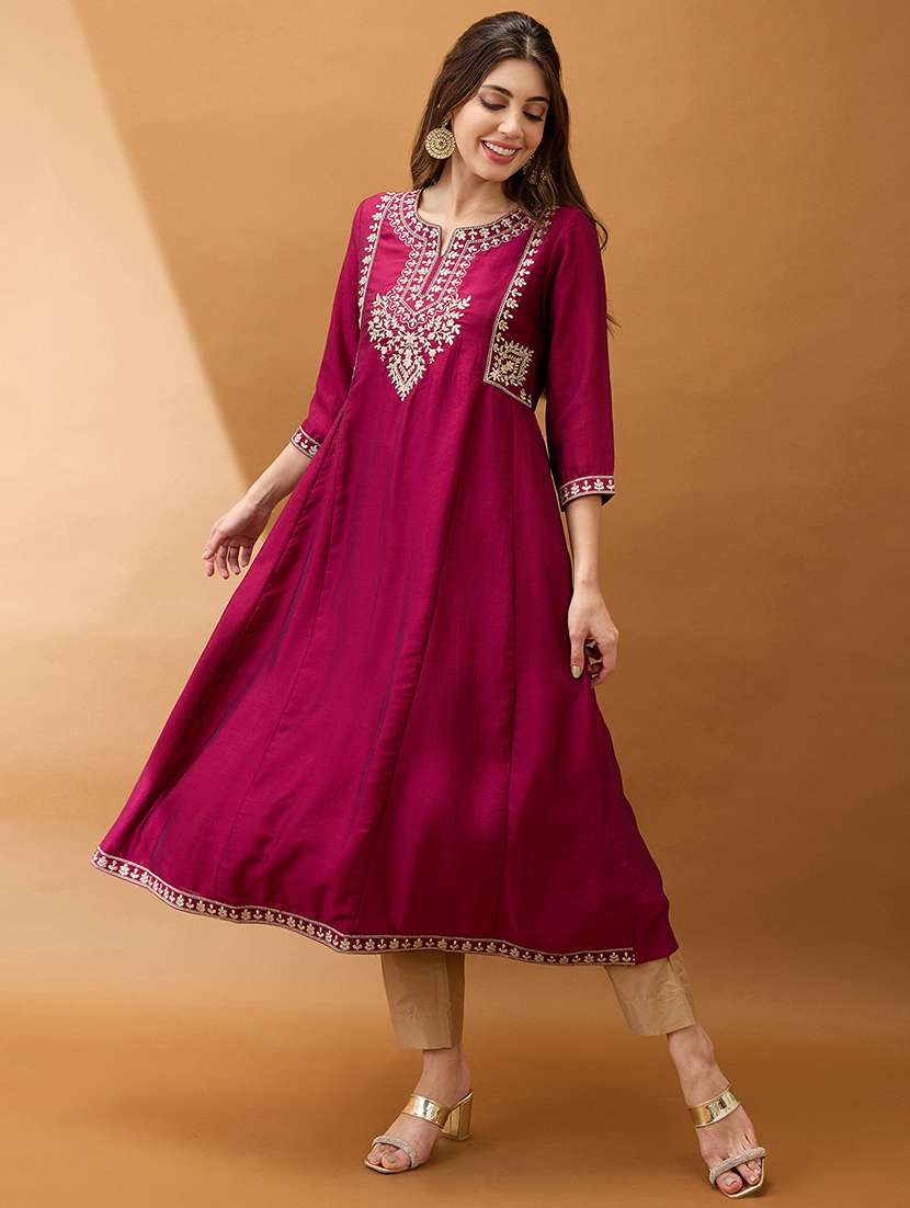 women burgundy floral embroidered yoke detail round neck panelled anarkali festive kurta