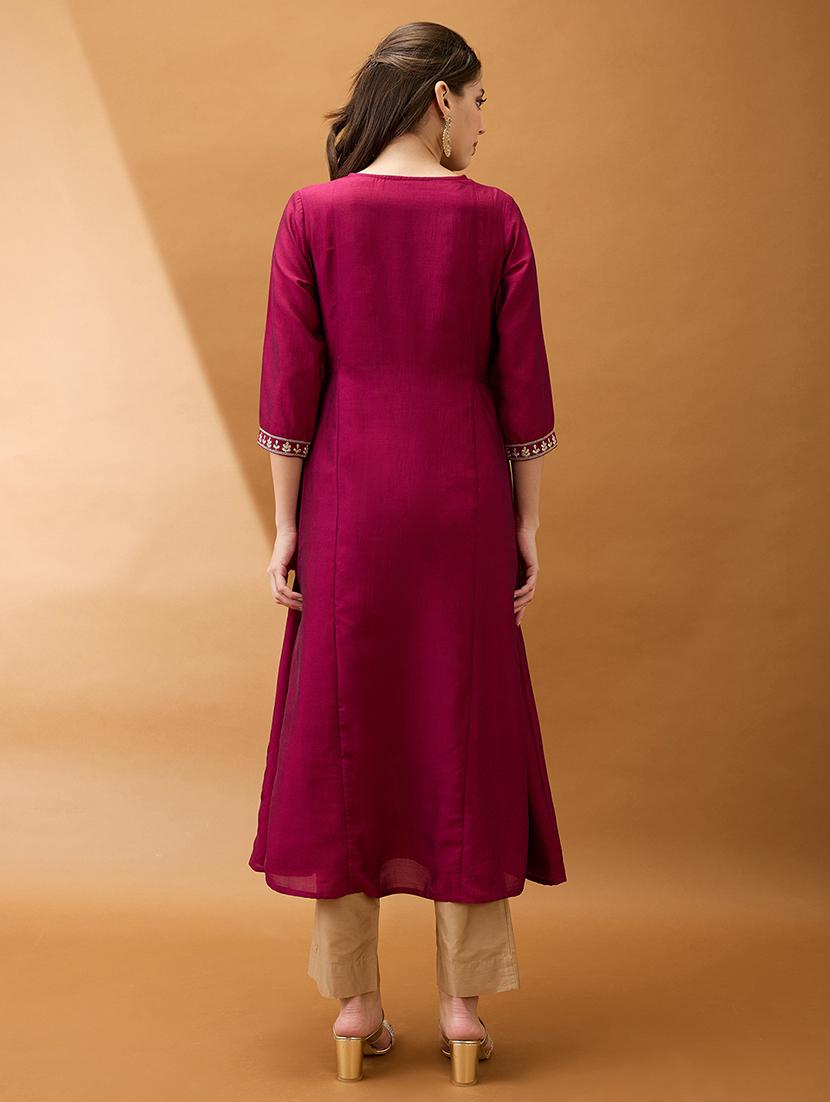 women burgundy floral embroidered yoke detail round neck panelled anarkali festive kurta - 21918770 - Standard Image - 2
