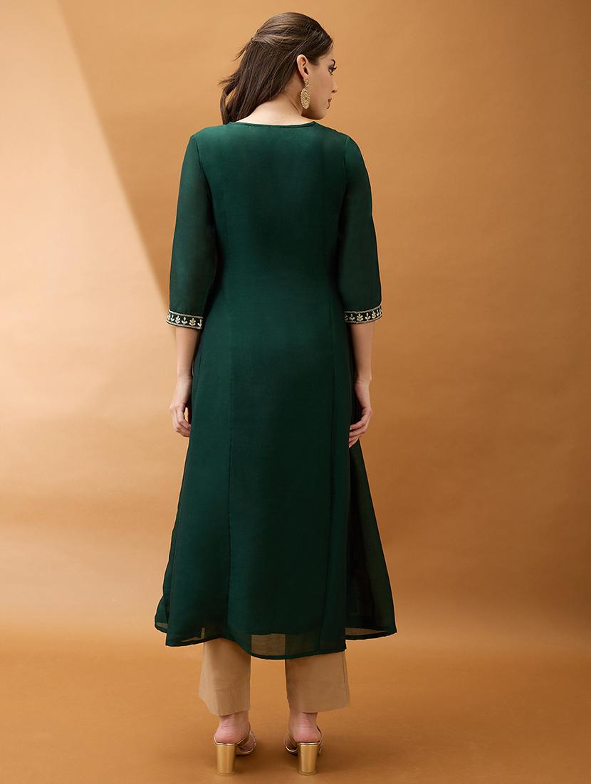 women green floral embroidered yoke detail round neck panelled anarkali festive kurta - 21918771 - Standard Image - 2