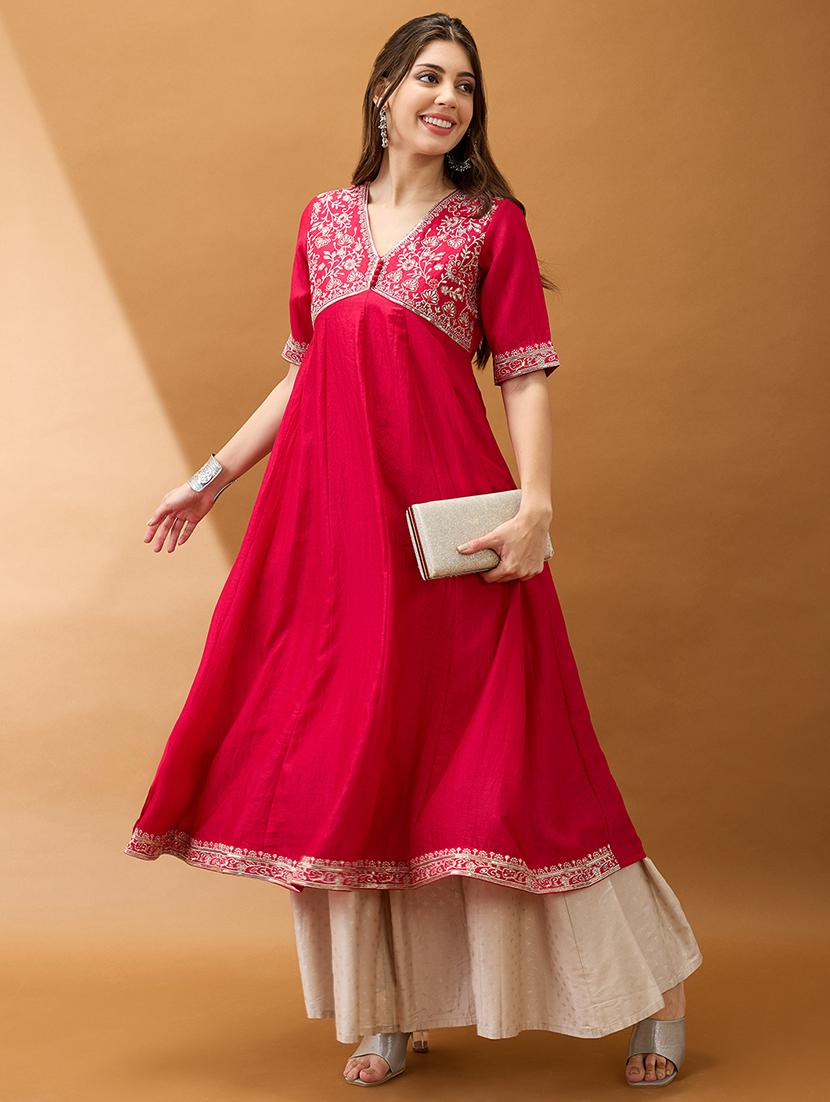 women pink sequinned floral embroidered yoke v-neck alia cut a-line festive kurta