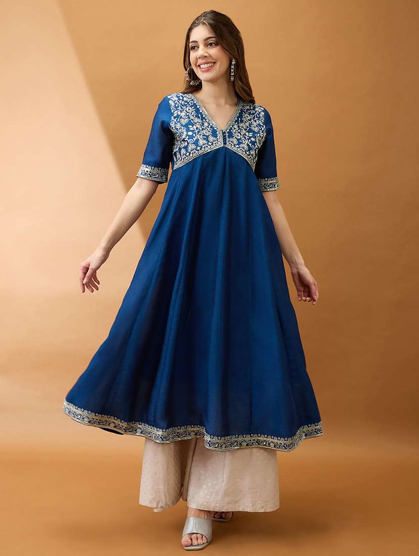 women blue sequinned floral embroidered yoke v-neck alia cut a-line festive kurta