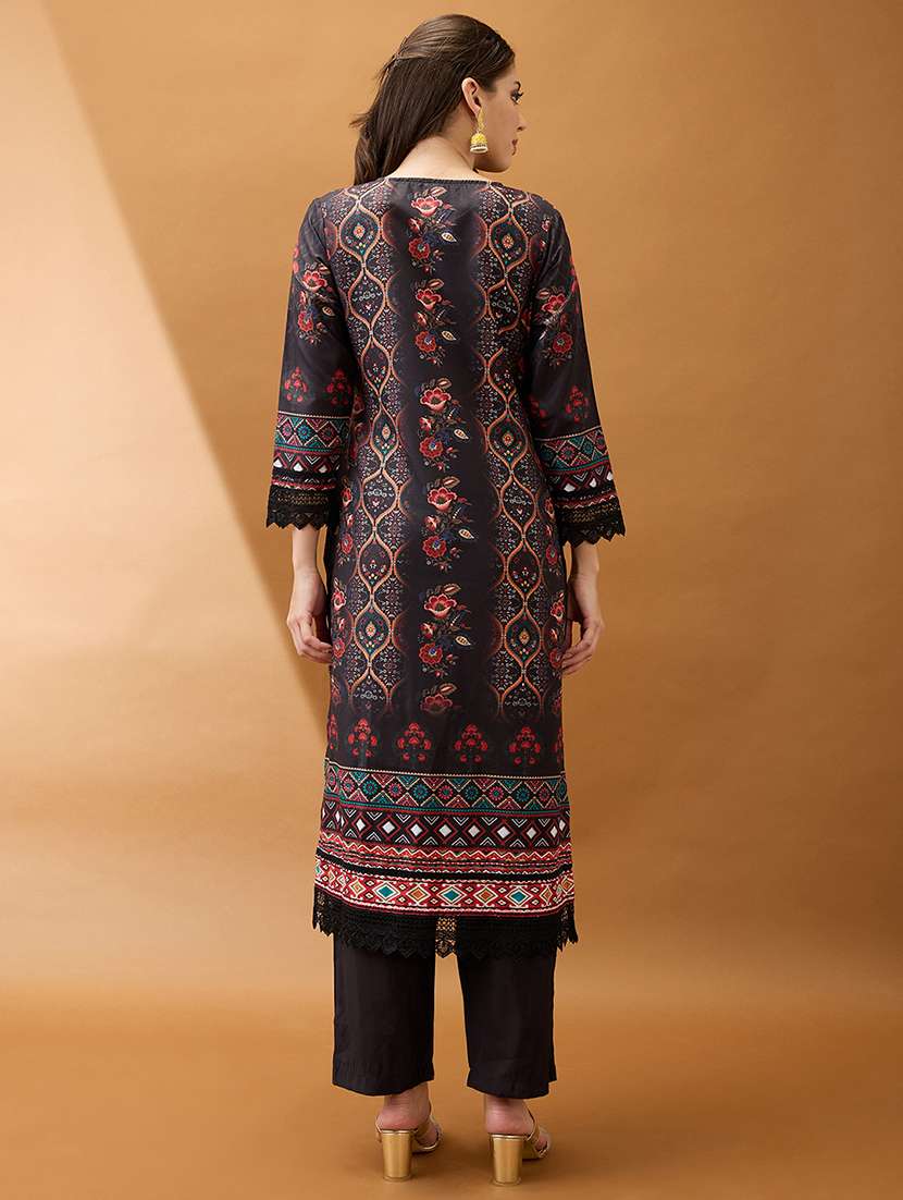 women black floral print lace insert scalloped hem straight kurta with elasticated pant set - 21918774 -  Standard Image - 2