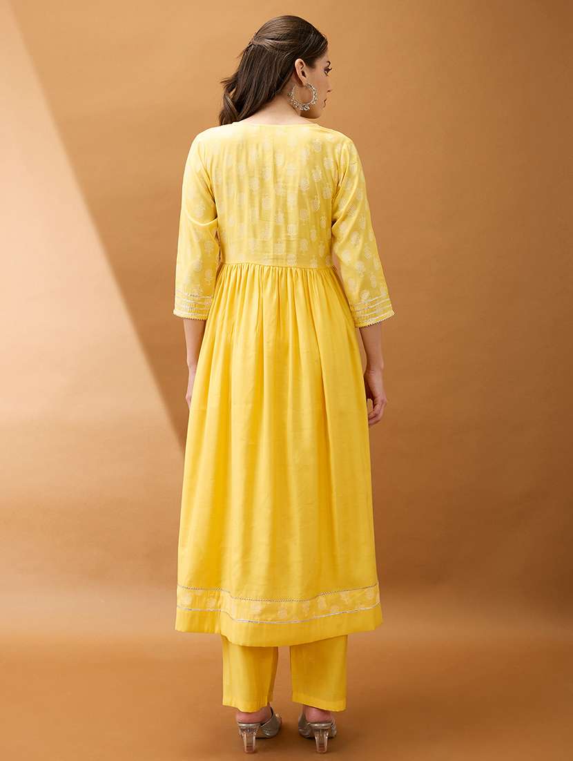 women yellow mirror work v-neck gotta lace pleated flared hem a-line kurta with pant set - 21918776 -  Standard Image - 2