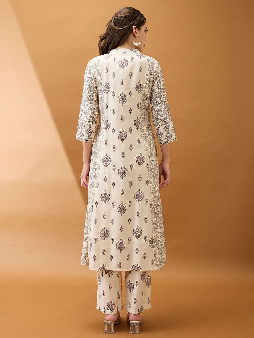 women beige ethnic print mandarin collar button down a-line kurta with straight pant set - 21918778 -  Standard Image - 2