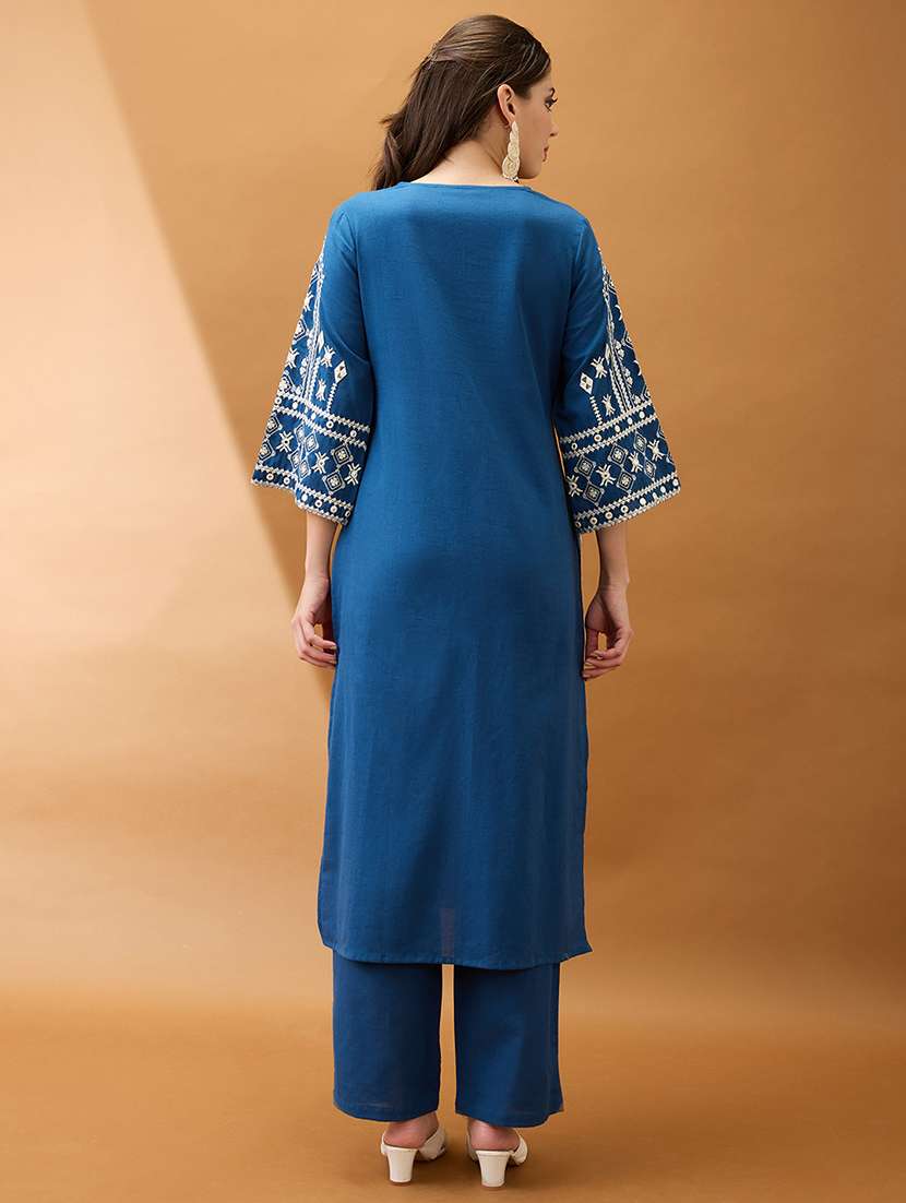 women blue v-neck bell sleeves embroidered & mirror work detail gotta lace straight kurta with pant festive set - 21918782 -  Standard Image - 2