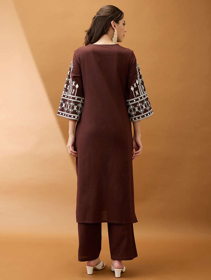 women brown v-neck bell sleeves embroidered & mirror work detail gotta lace straight kurta with pant festive set - 21918783 -  Standard Image - 2